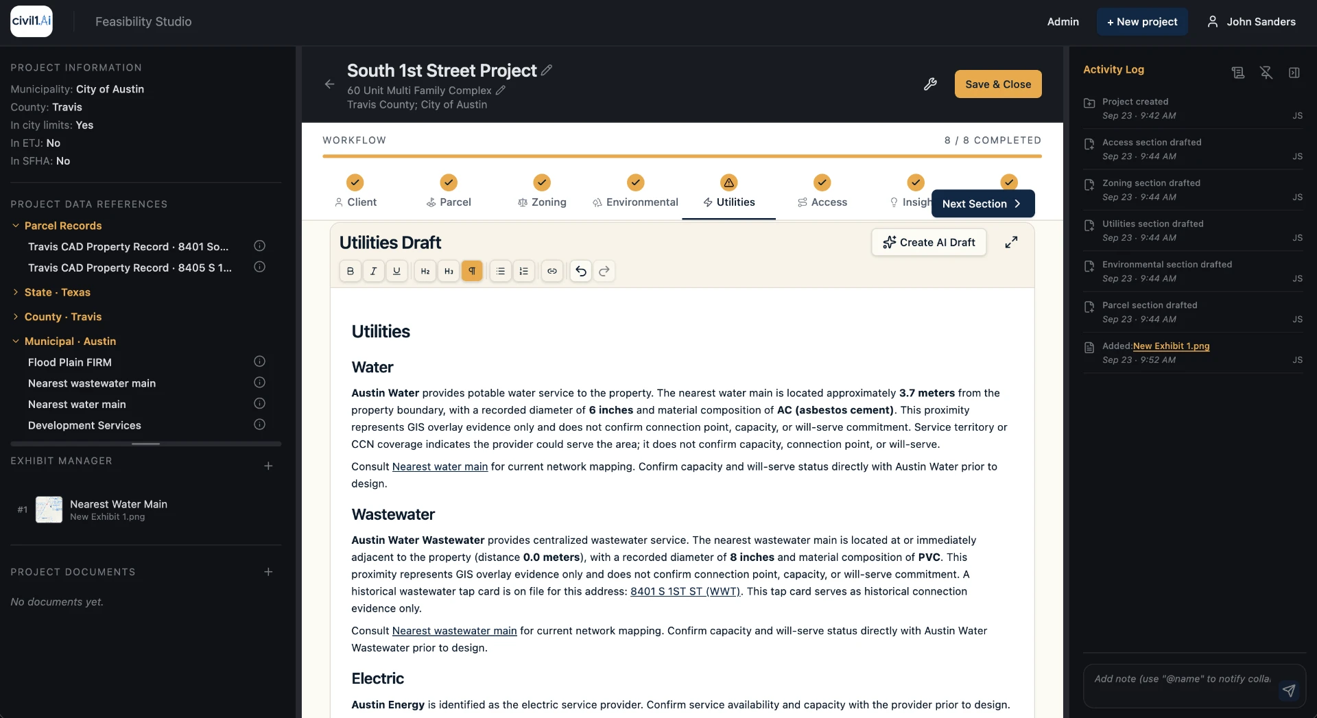 Civil1 product screen: Utilities draft
