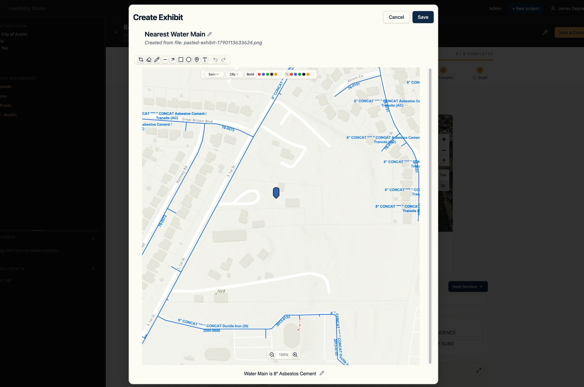 Civil1 product screen: Utility exhibit editor