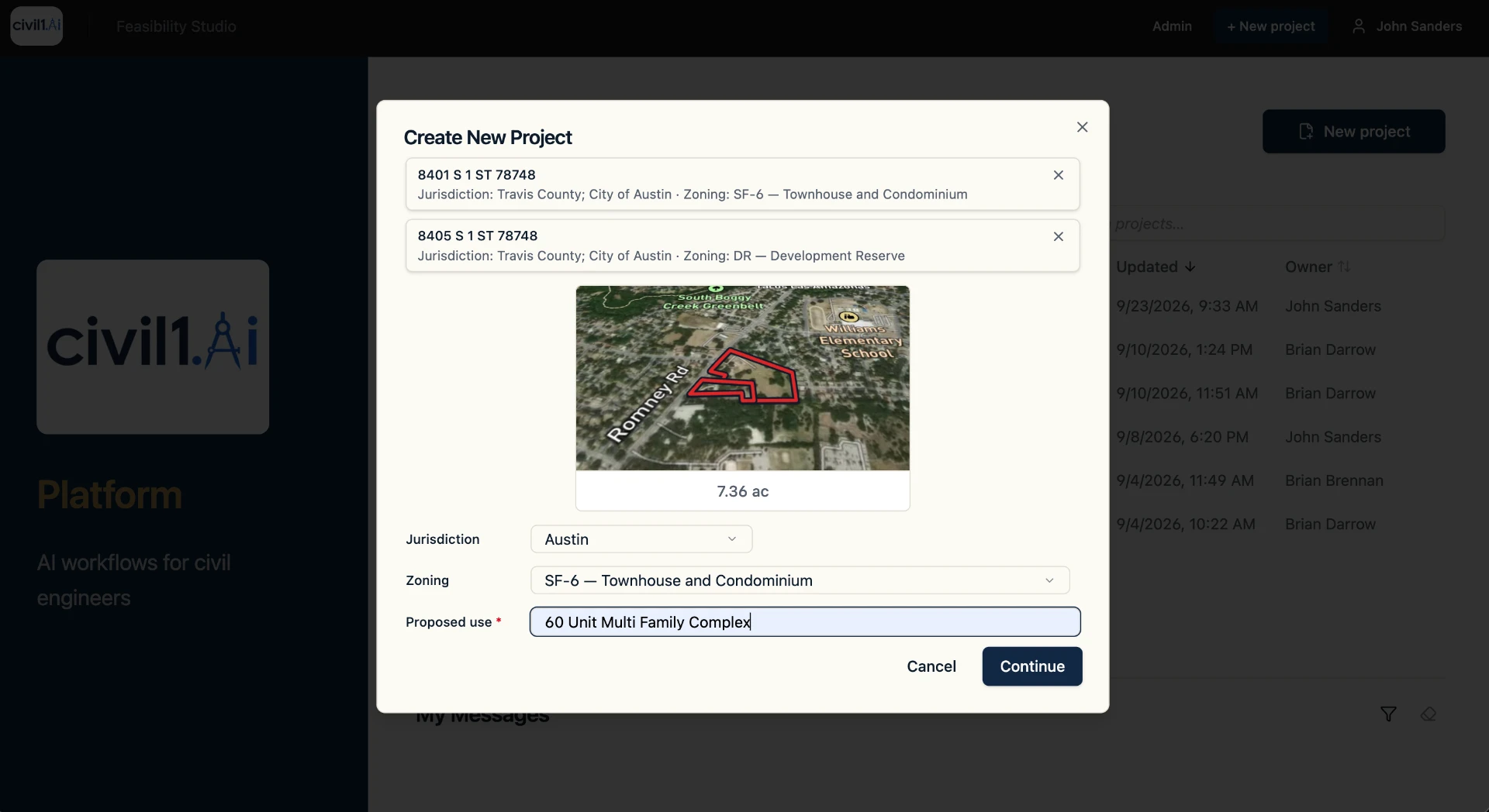 Civil1 product screen: New project configuration