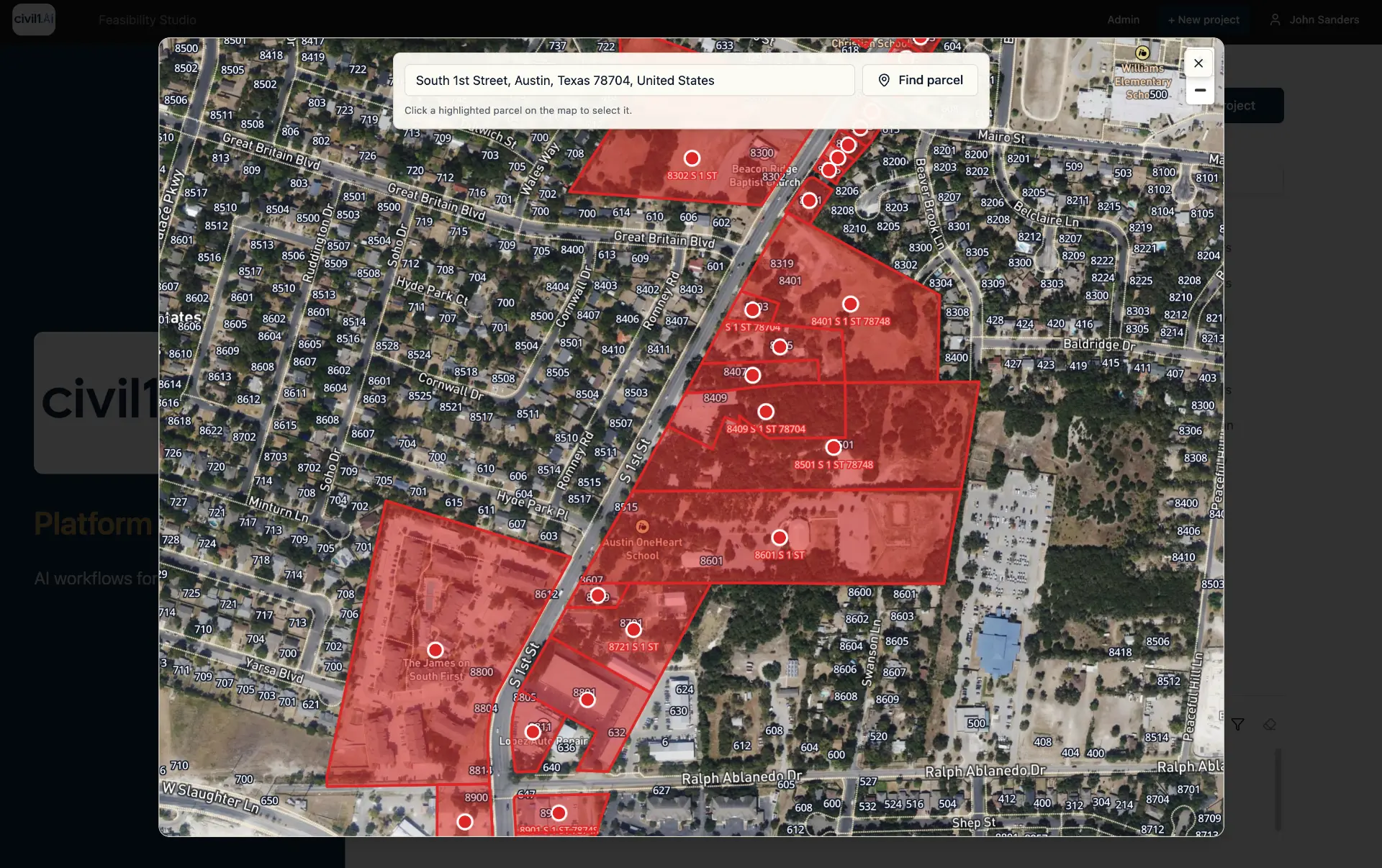 Civil1 product screen: Parcel search and selection