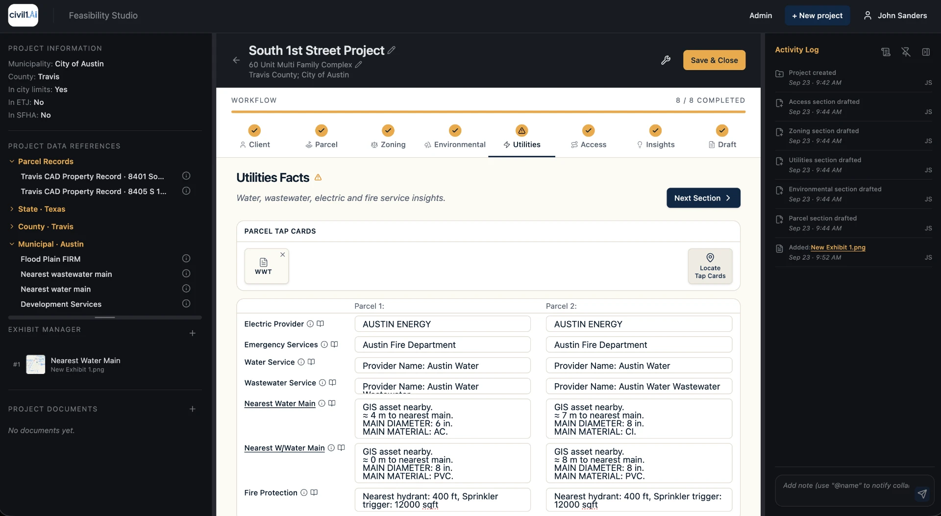 Civil1 product screen: Utilities facts workspace
