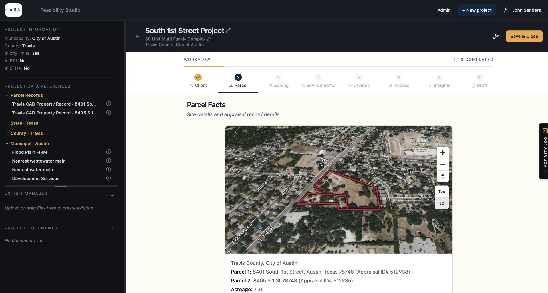 Civil1 product screen: Parcel facts workspace